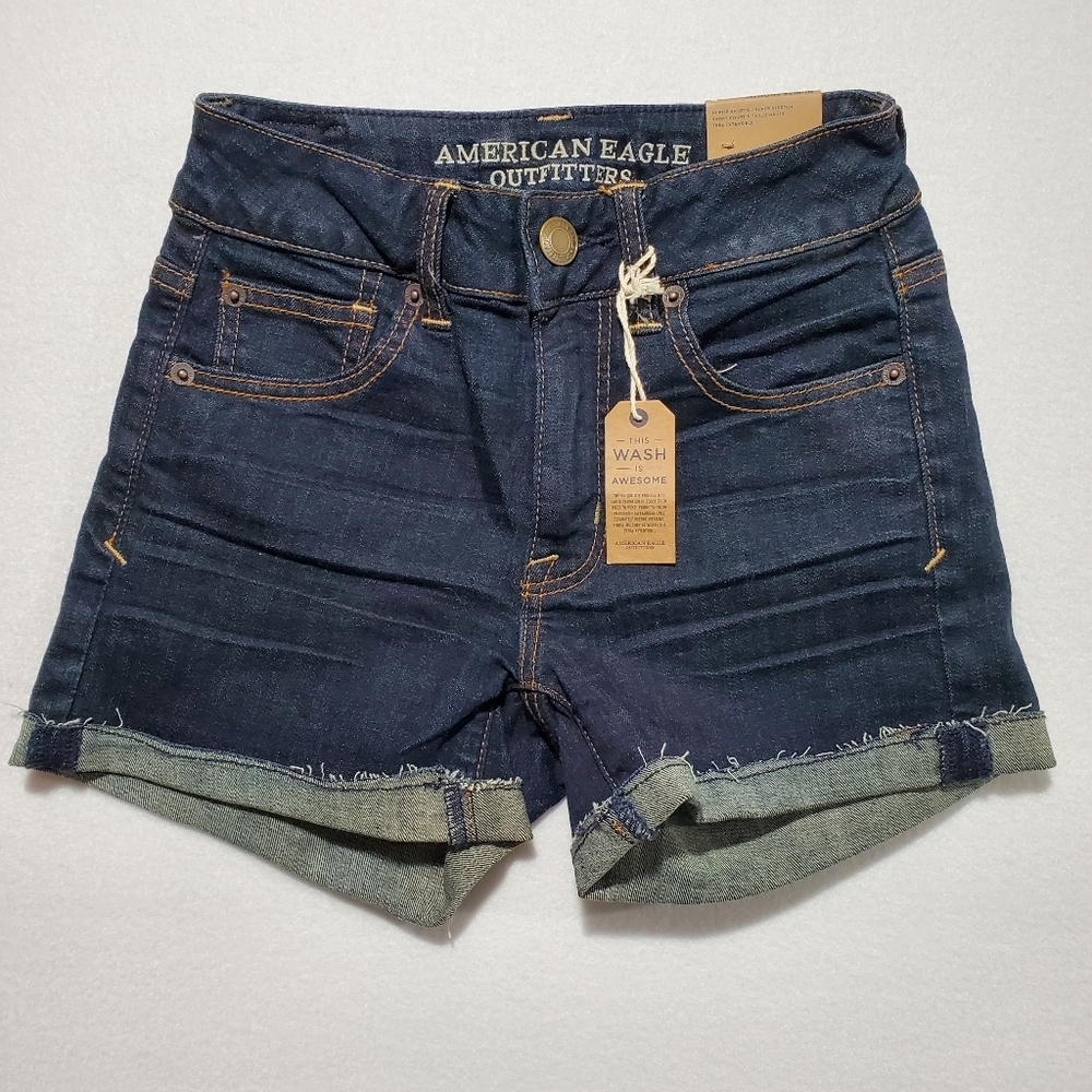 Amercian Eagle Hi-Rise Shortie Super Stretch Shorts‎ Size 0 Dark Wash 3929